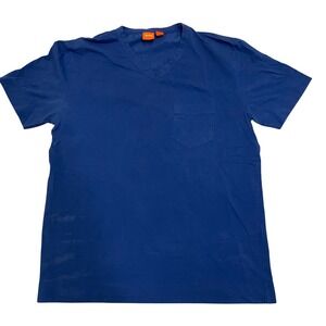 Vintage 90's Hugo BOSS V-Neck T-Shirt with Pocket Top Blue Size M See Pics Flaw‎